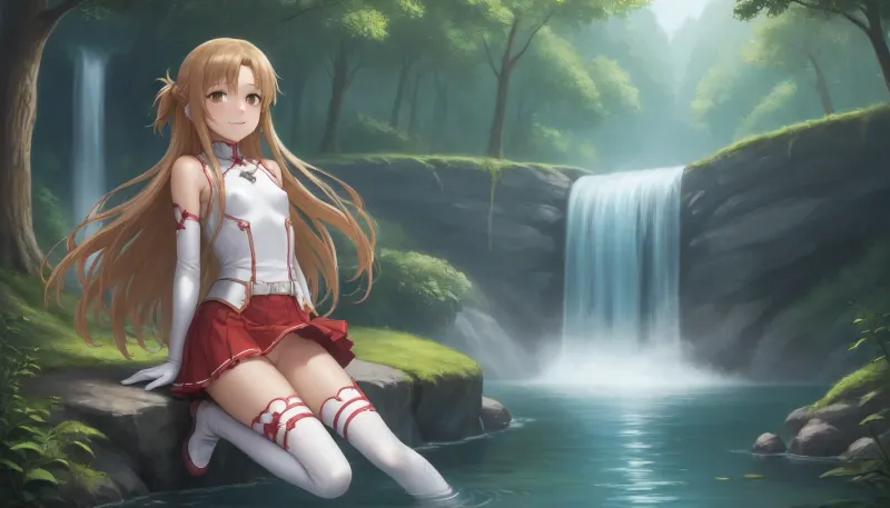 (Asuna Yuuki from Sword Art Online), 25 year old girl, realistic face, smiling, red and white suit, (blonde hair), (slightly curly hair), long hair, light blue eyes, freckles on face, pretty face, very tanned skin, narrow hips, thin waist, side view, vagina visible from under skirt, front view, full-length view, flat chest, areolas, swollen, puffy, very cold nipples, (focus and realistic face:1.2), sex, Asuna, (SAO), forest edge, waterfall, river, forest, floating castle in background, skirt, red skirt, removable gloves, white thigh-high stockings, brown hair, brown eyes, breastplate, solo, pleated skirt, miniskirt, white belt, blonde, hair, brown, eyes, long, <lora:asuna:2>, <lora:SDXL_Asuna:.1>