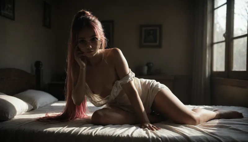 masterpiece, best quality, amazing quality, klskx, nsfw, explicit, 1girl, solo, pale pink hair, high ponytail, long ponytail, (heterochromia:1.1), (blue eyes:.9), round glasses, pink eyebrows, eyelashes, small breasts, looking at viewer, oversized clothes, white dress shirt, unbuttoned, cleavage, sheer fabric, slipping off shoulders, stockings, sitting on edge of bed, legs slightly spread, adjusting glasses, teasing expression, warm morning sunlight on skin, dark interior, luxurious hotel room, king-size bed, fluffy white pillows, floor-to-ceiling windows, ocean view, golden morning light, soft silk sheets, (dark shadows:1), high contrast, volumetric lighting, intricate details, blurry background, depth of field, <lora:Beautiful_female_model_face_18-30:.8>, <lora:dark:.8>