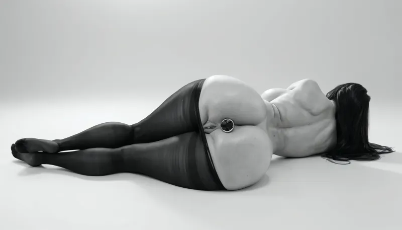 (milf:1.15), (black&white:1.9), white background, white room, naked busty white woman, topless, gorgeous, (extremely long smooth black hair:1.5), (wide_hips:1.5), (Massive ass:1.1), (massive breasts:1), thin waist, wearing shimmering black pantyhose with torn open crotch, lying on the floor, rubbing her clitoris, masturbating, huge butt plug in her ass, black buttplug, round buttplug