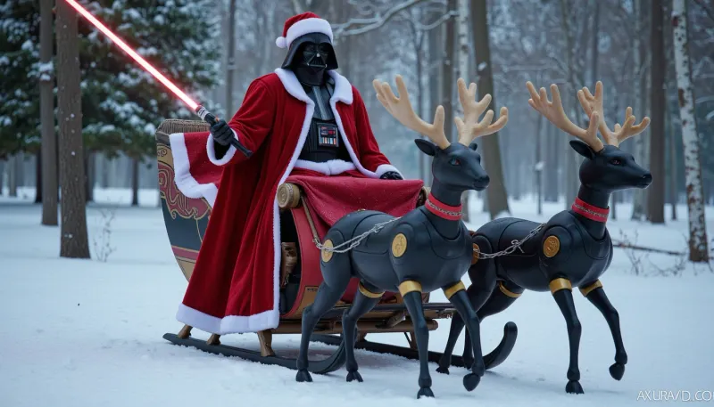 Photorealism, photorealistic, realistic, Darth Vader wearing Santa clothes and hat, scarlet lightsaber, Vader riding Santa's sleigh pulled by robot reindeer, (robot reindeer:1.6), snow, Star Wars Christmas, depth of field.