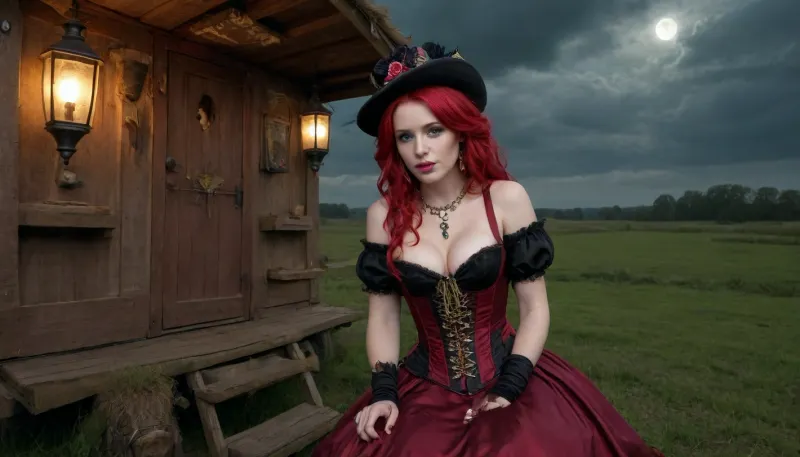 cursed photo of A young woman with with long red hair, sitting on the stepsmb of a gypsy caravan, wearing a burgundy cupless corset and black top hat, (detailed clothing:1.2), including fingerless gloves and a necklace, serene expression, (expression:1.2), posing with her hand touching her hat, the caravan, with intricate green and gold details, is adorned with hanging lanterns, and a red dragon perched on the roof, a brown gnome on the left, chained to the caravan, a violin hanging on the side, positioned on a grassy field, under a dark sky fool moon small clouds, soft lighting, digital art, photorealistic, intricate details, moody, dramatic composition, shot with a wide angle lens., wide-angle shot, creepy and cursed, absolutely cursed photo, nope nope nope nope, what the actual f, unsettling photo, cursed_thing, cursedimages, no context, cursed image, bad photo, weird photo, very strange, color photo, creepy photo