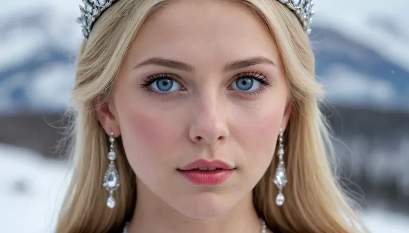 Masterpiece, realistic photography, of an enchanting Nordic princess, 20 years-old, ultra-realistic, blonde hair, flawless white clear skin, detailed body, detailed face, realistic body, realistic face, beautiful piercing blue eyes, realistic eyes, angelic face, sultry looking, distant look, 3/4 view, snowy tundra, background, peaceful face, wearing tiara, and earrings, with red diamonds droplets, classic medieval outfit, close-up face, cinematic view, background blur, large format