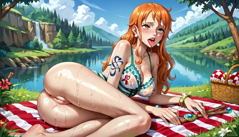 Nami from One Piece, see through wet clothes, most beautiful face, long pretty legs, perfect round ass, perfect shaved pussy, beautiful medium to big size breasts, perky shiny tits, slim perfect body, picnic in nature with a lake the background, She, makes, the, ahegao, face, crosses, her, eyes, sticks, tongue, out