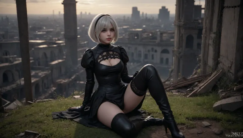 ((2B, YoRHa, NieR, nier automata)), 4K resolution, full-length, sitting, (1 girl), pale skin, detailed image, realistic face, smile, slender figure, anime style, subdued lighting, soft light, looking at viewer, ruined city, ruins overgrown with grass, black dress in a Gothic style, black thigh-high stockings, long leather thigh-high boots, <lora:2b_nier_automata:2>