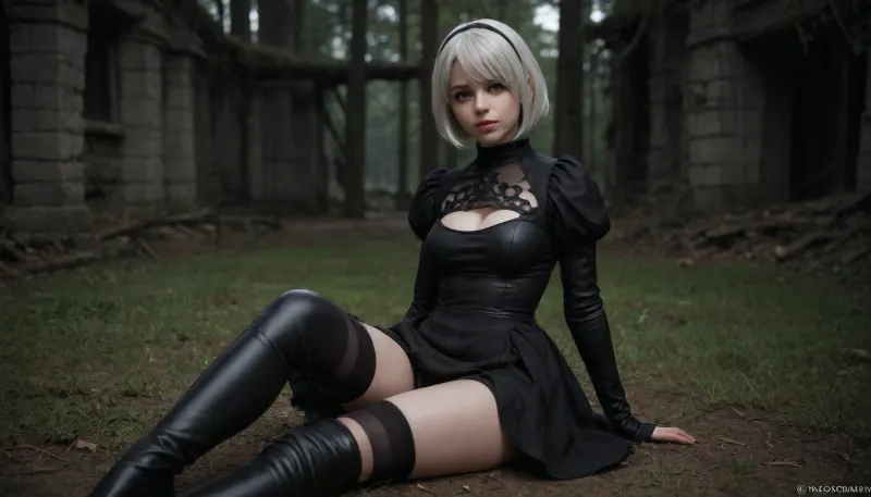 ((2B, YoRHa, NieR, nier automata)), 4K resolution, full-length, sitting, (1 girl), beautiful, cute, pale skin, detailed image, realistic face, smile, slender figure, anime style, subdued lighting, soft light, looking at viewer, forest edge, ruins overgrown with grass, black dress in Gothic style, black thigh-high stockings, long leather thigh-high boots, pussy visible from under the skirt, detailed pussy, anatomical pussy, perfect pussy, <lora:2b_nier_automata:2>