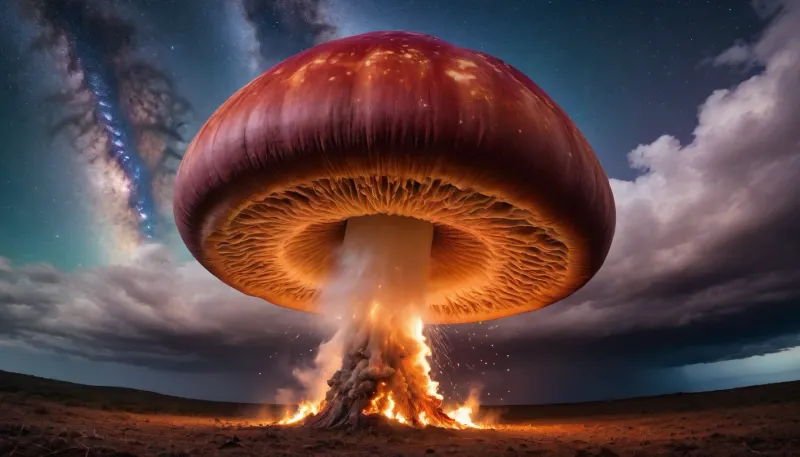 fire mushroom tornado from ocen raibow auras and dramatic louds, milky way