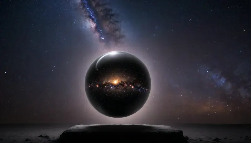 milky way in metal sphere, glowing dark as background like deeo universum