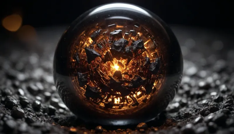 microfragments of pirite in metal sphere, glowing dark as background like deeo universum