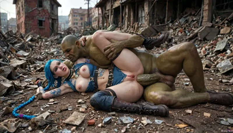 Jinx from league of legends, jinx from arcane, jinx tatoo, rimmel, full vault-tec jumpsuit, unzipped, cleavage, underboob, military boots, round breasts, beautiful breasts, round ass, thick thighs, hourglass figure, spooning sex, anal sex, torn clothes, perfect round breast, arms restrained, handcuffed, tired, embarrassed, Fucked by a thick muscular giant green orc, Massive penis Orc penis, Monstrous penis, Veiny penis, Orc, Giant sagging testicles, monster sex, scattered trash, grimy atmosphere, wasteland, ruined city, noon, rough, smeared makeup, Gigantic Perfect Tits, <lora:detailed_notrigger:2>, <lora:add-detail-xl:.8>, <lora:LCMTurboMix_Euler_A_fix:.8>