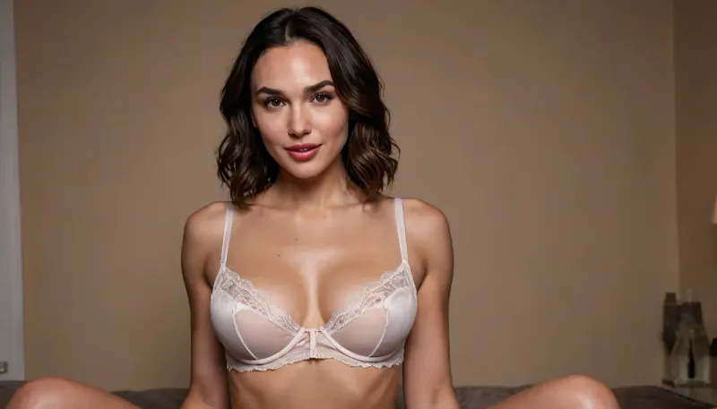 Gal Gadot, perfect lighting, ultra-realistic, 8k resolution, ultra-detailed, Instagram model, professional photography, dark hair color, wavy short shoulder-length hair, exposed breasts, ((open Sexy Lingerie:1.3)), stockings, gigantic breasts, shy smile, Nordic, playful, freckles on face, slim body, athletic body, lifelike face, real face, real pussy, open pussy