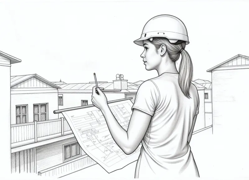 Photorealism, photorealistic, realistic, black-and-white pencil sketch consisting only of thin lines, flat linear image, {depicting a female architect wearing a helmet, drawn in pencil using lines, who is drawing a plan with a pencil, old neighborhood, linear sketch, the lines in the sketch convey the three-dimensionality of the object, its structure and spatial position, a work process using only lines in one plane}, high detail, ultra-realistic, cinematic lighting, 8K