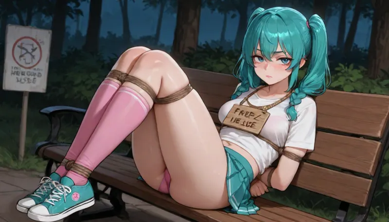 (park at night), sitting on park bench, books, college student, (26 years old), A very attractive college student, teal hair, braided twin tails, perfect abs, perfect face, pink lipstick, teal pleated miniskirt, white shirt, pink bra, pink panties, pink heart errings, pink knee high socks, teal converse shoes, pink eyeliner, cute face, (medium breasts), freckles, (arms tied with rope, legs tied with rope), (sign that reads "FREE USE" around neck:2), <lora:ratatatat74-000050:.6>, <lora:outline_xl_kohaku_delta_spv5x:1.4>, <lora:cartoon_stickers_xl_v1:1>, <lora:shibari_bondage_-_v0.9.1.2-000010:1.8>