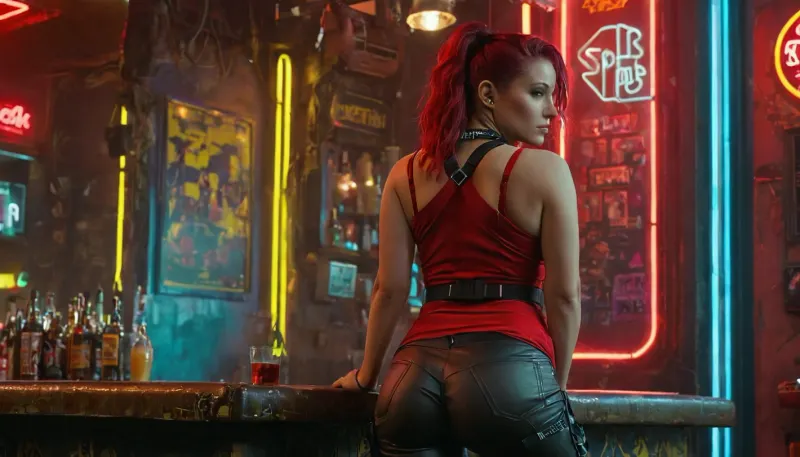 (((Cyberpunk 2077))), (((Super Ultra Detailed Claire Russell the Afterlife bartender from Cyberpunk 2077))), Extreme high rear three-quarter POV, camera positioned clearly above and behind, angled steeply downward, off-center composition, dominant rear framing, full-body shot, forced perspective, 1girl, solo, photorealistic adult woman, Claire, highly voluptuous curvy build, exaggerated feminine proportions, very full bust, heavy chest weight, deep pronounced cleavage, wide hips, thick thighs, extremely rounded glutes, deeply arched spine, extreme lower-back curve, hips pushed far back, pelvis tilted backward, leaning hard into the bar counter, forearms planted firmly on the bar, elbows bent, weight fully shifted forward, chest pressed downward, fabric tension across hips and thighs, pants pulled tight over curves, dark red shoulder-length hair, asymmetrical cut, side-swept bangs, head slightly turned to the side, confident sultry expression, half-lidded eyes, realistic skin texture, subtle skin sheen, (((tight sleeveless red tank top, compressed by posture, tight cyberpunk chest harness pulling fabric inward, very form-fitting utility pants emphasizing hips and glutes, rugged sneakers))), (arm-mounted tech device, wrist wraps, utility straps), (((Afterlife bar interior, Night City, neon bar lights glowing below frame, holographic signage, smoky air, gritty cyberpunk atmosphere, strong neon rim lighting tracing body curves))), moody high-contrast lighting, (((soft shadows emphasizing hips, waist, and back arch))), 50mm lens look, shallow depth of field, sharp focus, hyper-realistic detail, <lora:sdxl_cyberpunk:1.6>, <lora:glowneon_xl_v1:.8>, <lora:SDXLHighDetail_v6-000005:1.4>