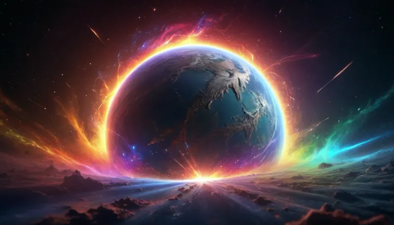 from glowing planet core to orbit, rainbow sparks in space