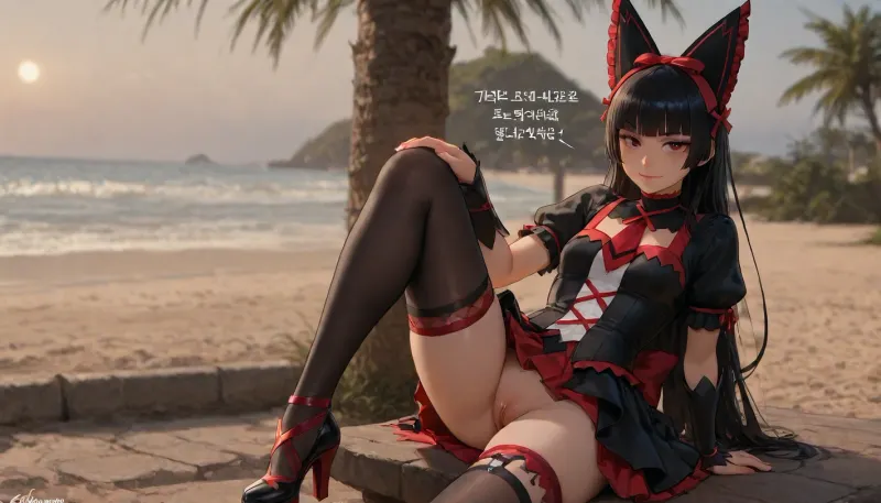 1 girl, ((35-year-old girl)), masterpiece, 8K, realistic, detailed body, correct female anatomy, clothed, looking at viewer, smiling, demonstrating, solo, brown eyes, black hair, hair clip, white collared shirt, pleated skirt, black lace thigh-high stockings, sitting, legs spread, standing, walking, talking to viewer, posing, street, beach, sea, summer, tropics, black gothic dress with red elements, gothic dress, fluffy dress, bow on head, black bow with red ribbons along the edges in gothic style, long black hair, no panties, pussy visible from under skirt, Rory Mercury, <lora:RoryMercury_xl:2>