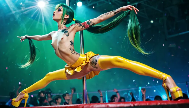 Shaved open pussy, face like during orgasm, yellow stockings, side view, (whole body tattooed:1.8), (fine makeup:1.2), (huge skin:1.2), big round gray eyes, (green hair:1.6), (long ponytails haircut:1.4), (small chest:1.2), hard nipples, (((skinny:1.5))), pole dance on strip club with audience, (Dynamic dance pose:1.3), full body view, spotlight on girl, (yellow mini latex skirt:1.2), platform high heels, plug in her ass, spread legs