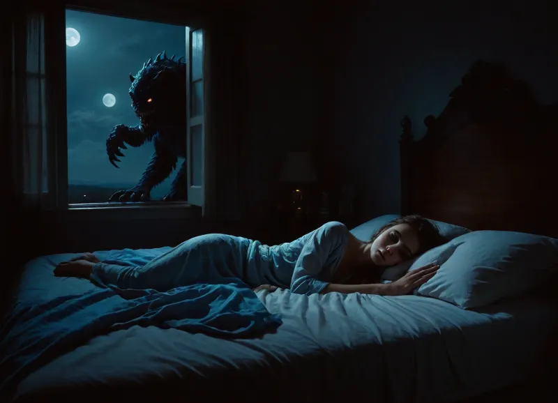 Create a photorealistic nighttime scene in a cozy bedroom, (sleeping woman in bed and a hidden monster under her bed:1.5), featuring a 25 year old woman sleeping peacefully in her sexy nightgown, (perfect face:1.2), (with closed eyes and a silent smile on her face:1.2), (perfect hands:1.2), (the bedcover is partially pulled aside:1.2), (revealing her peaceful and sexy form in her nightgown:1.2), the bedroom has ambient lighting, (and moonlight streams through a window:1.2), illuminating the scene, sideview shows the woman on the mattress and, (the monstrous creature UNDER her bed is visible:1.4), (monster under her bed:1.5), (the creature has fang-like teeth:1.2), (eerie eyes:1.2), (blue fur:1.2), (claws:1.2), it waits menacingly for the woman to fall asleep, ready to crawl out from under the bed, capturing the contrast between the peaceful woman and the eerie monster, Dart, 1boy, 1girl, 1other, 2boys, arms, at, sides, bag, black, background, hair, theme, blue, eyes, briefcase, cigarette, coat, crescent, moon, dark, field, from, side, full, body, glowing, gradient, grass, hand, up, hands, on, own, cheeks, face, helmet, holding, hood, light, lips, long, sleeves, looking, viewer, male, focus, monochrome, multiple, boys, night, sky, no, humans, ocean, outdoors, together, realistic, red, reflection, scenery, shadow, silhouette, sitting, smoking, solo, spotlight, standing, upper, very, wide, shot, walking, <lora:detailed_notrigger:.8>, <lora:Dart_1_00:.1>
