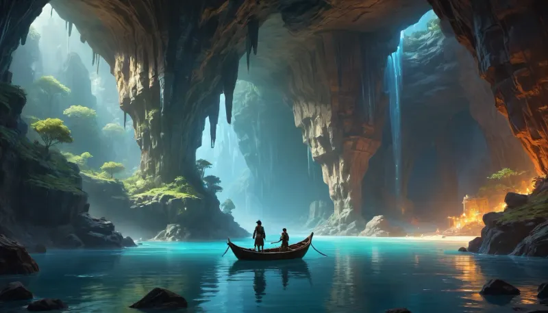 Gorgeous cave. Giant and intricate details. Glistening glowing pools of magical water. Bioluminescent crystals clinging to the cave walls. Garmash. Wlop. Guweiz. Oil paint strokes. Surreal. Outlines. Vivid and surreal crystals and magical water. boat with pirates in the water