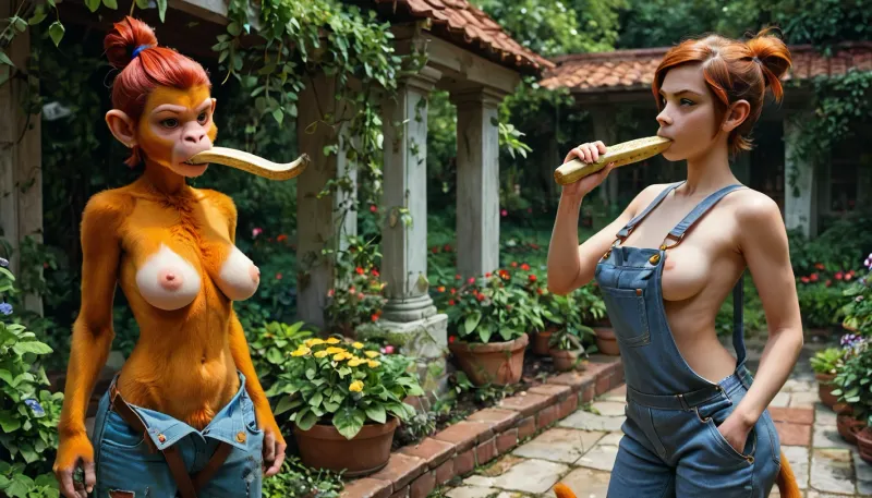 garden, sunny day, underboob, 30 yo monkey-girl, furry, fur all over, (anthropomorphic monkey), red hair, hair up, monkey tail, natural sagging deflated breasts, (loose fitting dirty denim overalls with big front pocket), holding overall straps, eating a banana, pealed ripe banana, (detailed face and eyes), monkey fangs, (one overall strap is unhooked exposing only one of her boobs), one strap hanging down, no shirt, topless, naked breasts, anthro, (/Ben10), /, (ultra, HD, quality, details), (green, eyes)