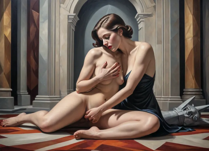 Art deco style painting, Guernica. A woman on her knees, she sensually sucks a large cock