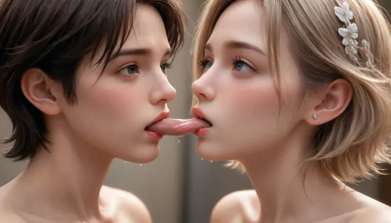 very cute very pretty coed and handsome male both kissing deep hard each other on mouth, both completely nude, flushing, blushing, sweating, wet pussy, wet penis, no clothing whatsoever, no distortion, no extra limbs, no extra body parts