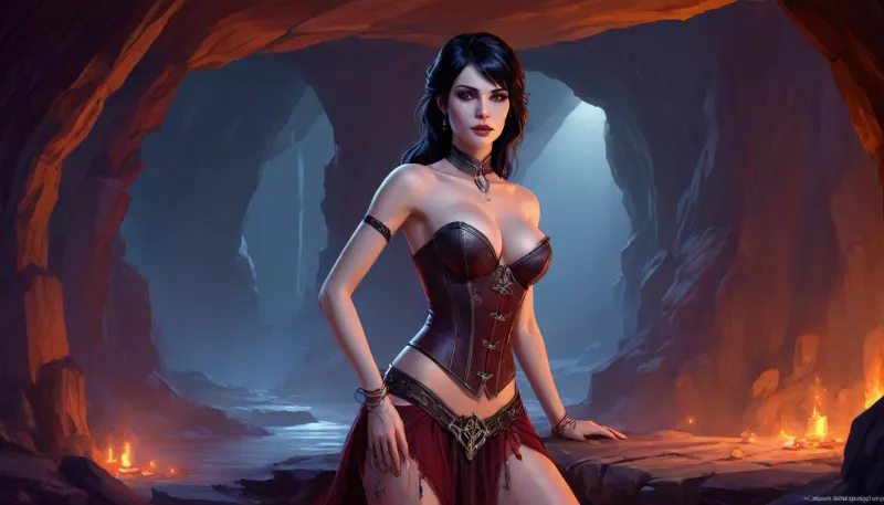 (one woman, Alva from Skyrim, 30 year old, pale skin, small breasts, vampire, black hair, seductive lips, sensual eyes), (inside medieval vampire cave/lair), (wearing skimpy tavern wench corset), (one hand grabbing breast, other hand laying finger on lips/tongue), (artwork, digital painting, concept art, by syd mead, flat colors), <lora:LegendDarkFantasy-000001:.7>