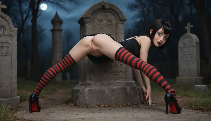 Mavis Dracula from Hotel Transylvania, 18 year old, beautiful face, detailed face, ((perfect, big, Anime style Blue eyes)), (perfect, small nose), black hair, black lipstick, (very short, black with red stripes, minidress), (striped thighhighs), black, fishnet gloves, high heels, (standing with legs straight), (legs spread wide:1.7), (anal gape:1.1), (bent over, using hands on gravestone marker for support), torso turned looking over shoulder at viewer, arched back, athletic body, toned, muscular, legs, shaved pussy, legs open, toes pointed inward, night time, full moon, in moonlit graveyard, (full body, rear view, from a distance), photo realistic, masterpiece, photorealistic, ultrarealistic, ultradetailed