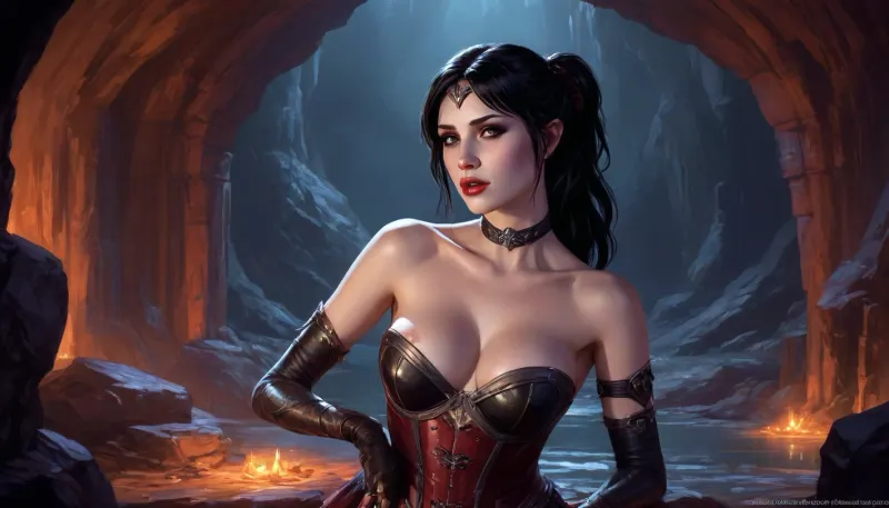 (one woman, Alva from Skyrim, 30 year old, pale skin, small breasts, vampire, black hair, seductive lips, sensual eyes), (inside medieval vampire cave/lair), (wearing skimpy tavern wench corset), (one hand grabbing breast, other hand laying finger on lips/tongue), (artwork, digital painting, concept art, by syd mead, flat colors), <lora:LegendDarkFantasy-000001:.7>