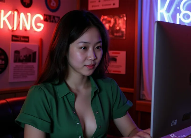 an unusual original fine art warm slight dark soft professional photography of {A sexy Korean female programmer, with nice bouncy tits, wearing a green blouse, codes in the evening in a small internet cafe, neon signs, neon high-tech style}, Associated Press photography, editorial photography, Photo Of The Year, soft contrast, soft saturation., nnsgn, <lora:neon_signs:1.2>