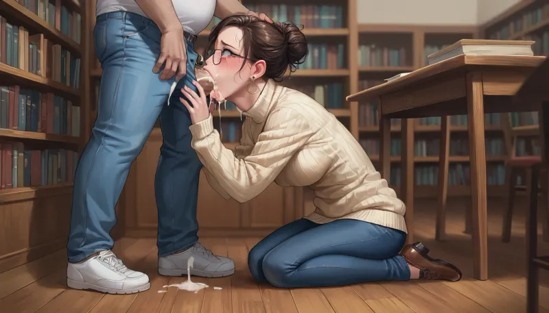 best quality, college student with brown hair in messy bun, glasses, medium breasts, cream colored sweater and blue jeans, kneeling, (face fuck, deep throat), library, fucked by fat old man, scared
