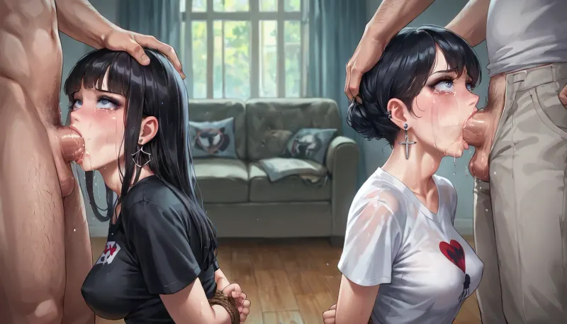 Goth girls bound: humiliated in the living room by older men