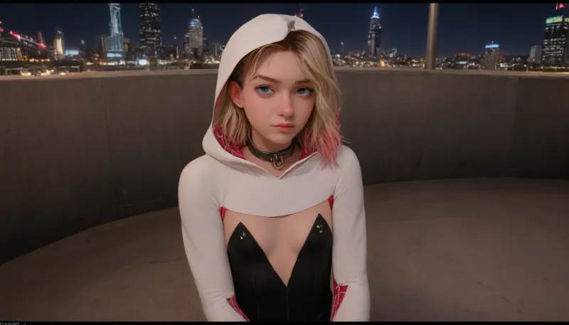 (Masterpice), (HD4K visual), (detailed background), 4K ultra-detailed image, HDR, enhancement, professional photography, clear face, detailed face, precise anatomy, (perfect symmetry), (5 fingers per hand), maximum resolution, sharp focus, NSFW, (spider Gwen from Marvel comics:1.4), short blond bobbed hair with pink tips, flat chested, (pierced nipples), iconic white pink and black spider suit, (background is new York City:1.4), Gwen is sitting down legs crossed and chained, slave restrained, wrists chained together, (neck chained to wrists), chained up like a slave, ratatatat74, incase, style, flat, chested, 1-alpha, .8>, lighting, bright, slave_restraints, outfit, <lora:ratatatat74-000050:1.4>, <lora:Incase_Style__SDXL:1.4>, <lora:Spider-Gwen:2>, <lora:flat_chested_v3.5:1.4>, <lora:slave_restraints:1.4>