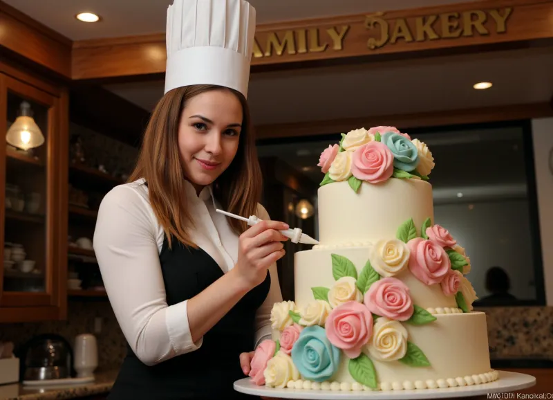 Cinematic photography {Sexy Italian pastry chef in a tall chef's hat decorates an elaborate three-tier cake, creating beautiful colored roses and cream patterns with a pastry syringe against the backdrop of a family bakery with a "Family Bakery" sign, work process, dynamics} 35mm photography, film, bokeh, professional, 4k, high detail, cinematic format, shallow depth of field, film grain, high budget, epic, mood