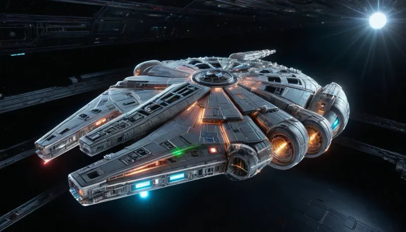 An extremely detailed, photorealistic view of the Millennium Falcon from Star Wars flying through deep space, captured from the outside, showcasing its iconic round hull, the distinctive side-mounted cockpit, and the two forward mandibles protruding from the front, every panel and surface meticulously rendered, intricate panel lines, mechanical details, visible weld seams, hatches, and compartments clearly visible, all edges of the Millennium Falcon enhanced with a white glow, creating a neon-like, fluorescent effect, giving the ship a luminous outline, the focus on realism, highlighting every detail, from the sensor dishes and antennae to the complex hull plating, the entire ship bathed in subtle illumination, capturing the essence of this legendary starship, every angle and detail meticulously crafted, stars in backdrop, DonMSp3ctr4lXL, holotech, mfalcon, Millennium, Falcon, <lora:DonMSp3ctr4lXL-000008:2>, <lora:detailed_notrigger:2>, <lora:Holotech:2>, <lora:Millennium_Falcon_SDXL_v1_mfalcon_e10:2>