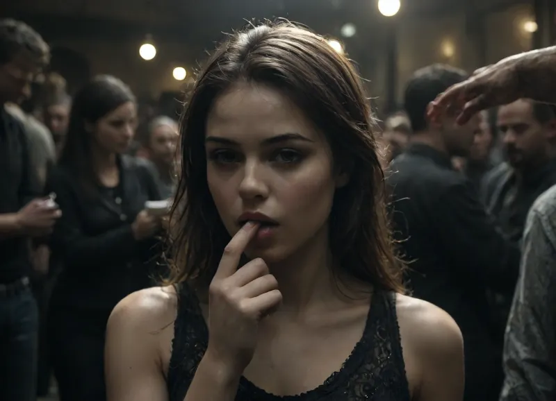 A photorealistic late-night bar scene featuring a beautiful, naughty 25 years old woman sitting closely next to her boyfriend at a dimly lit bar counter. She wears an elegant evening dress that has become slightly disheveled as the night has gone on, giving her a relaxed, spontaneous appearance. While her partner faces forward, she turns her head subtly past him and looks directly at the viewer, making clear, (playful hand gestures to signal that she wants to have oral sex with the viewer:1.7), (offers cheating:1.2), (wants to cheat:1.2), (gesturing with her hand to offer oral sex to the viewer:1.6), (slightly open mouth:1.3), (perfect rendered tongue:1.4), (gives a clear hand signal:1.4), Her facial expression is expressive and slutty, her lips slightly parted, the tip of her tongue just visible in a natural, unforced way, captured with high realism. Her hands and face are rendered in extreme detail, showing fine skin texture, natural highlights, and precise finger positioning. The shallow depth of field keeps the focus on her eyes, hands, and expression, while the background bar lights, bottles, and other guests dissolve into soft bokeh. Warm, cinematic lighting emphasizes the late-night mood, reflections from glassware shimmer around her, and the overall scene conveys intimacy, spontaneity, and quiet mischief without explicit action, ultra high resolution, cinematic photography style, natural skin tones, realistic proportions, crowd, of, people, Black, and, white, art, black, pencil, shading, charcoal, drawing, toned, paper, brutal, dark, b/w, color, scheme, <lora:dark:.1>, <lora:Black and white art.V1:.4>, <lora:crowd_notrigger:.8>