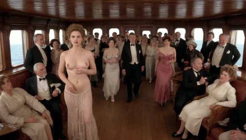 Wide expansive view of a interior of a expensive passenger ship with a group well dressed old males and a few women with the females all partially dressed in 1019 period clothes and hair styles, breast’s and pussys exposed setting on wicker lounge of a large passenger ship like the titanic boat deck, open jacket revealing naked breasts and lifted skirts revealing hairy pussy’s on large ship deck view from afar other passengers lingering in the background dressed in 1900’s era some of the women have semi exposed breasts looking like a swingers meeting of the 1900’s