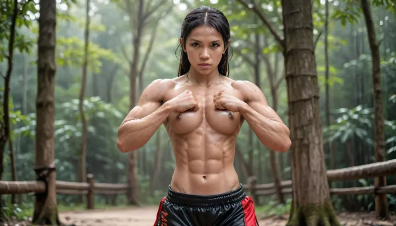 thai girl, muay thai fighter, traditional muay thai outfit, muay thai headring, Mongkol, boxing gloves, muay thai fighting pose, (oiled skin:1.3), long black hair, Barefoot, outdoor, thailand jungle, side view, 4ng3l, face, uberfit, muscular, athletic, Jackhanma, <lora:SDXL_BetterFaces-LoRA_v1:2>, <lora:uberfit_lora_sdxl:1.1>, <lora:Jack_Hanma-000009:.8>