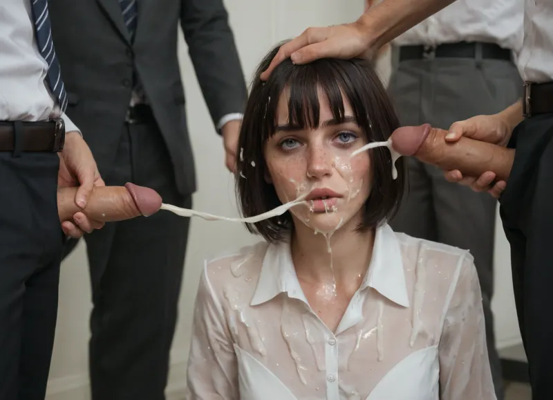 (masterpiece, best quality, ultra detailed, photorealistic, highres), office, (a woman gives bukkake to 5 businessmen in suits), gangbang, cumshots, excessive cum on her face, excessive cum on her clothes, excessive cum on her hair, excessive cum on her head, (mature woman Anna 40 years old, (dark straight medium bob hair with bangs), (thin narrow triangular face, narrow long nose, feint small amount of freckles across nose, thin narrow lips, dark grey eyes, caucasian, no makeup), petite skinny body, (skinny:1.3), natural small flat sagging tits, no tattoos), (wearing white blouse, black skirt, black tights, heels), she's very sad, she's disgusted, they grab her hair, they grab her head
