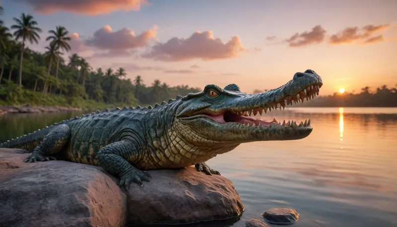 very realistic, best quality, full color picture, 8K quality, sunrise, dense tropical, lake, bright juicy colors, big crocodile on a rock