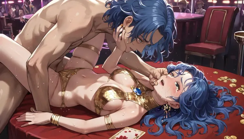 best quality, anime, 20 year old girl with long blue hair, medium breasts, gold stripper clothes, panties pulled to the side, (missionary sex), man's hand on face, strip club, crying