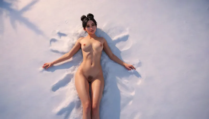 one woman, Skjorta, scandinavian, black short hair bun, 25 year old, laying naked on snowy ground and making snow angels, body covered in snow, close side view from above, dynamic angle from top, artwork, digital painting, concept art, flat colors, loading screen art style, SamDoesArts, making, snow, agnel, snowflakes, <lora:SDXLSamDoesArts:1>, <lora:making_snow_angel_xl_v1:1>, <lora:snowflakes_xl_v1:.2>
