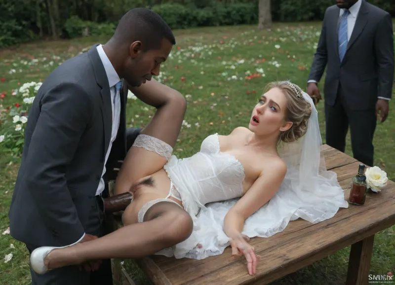 wonderful most beautiful wedding bride, detailed face, full lips, blonde hair, hairbun, conservative white wedding dress, garter belt and sheer brown stockings, Louboutin conservative high heels, dress lift up, decent red lips in face, hourglass figure, ripped stockings, wedding flowers, wedding bouquet, huge wedding cake, bottles champagner, surprised, wide open mouth, hands holding her boobs, (interracial sex:1.3), fucked by an aggressive stranger homeless large black man, missionary, (3rd person), sex, sitting on a table, rough fucking sex, legs spread wide, dark hairy pussy, rough sex, deep penetration, black man in suit, black man gritting teeth, black man has aggressive look, cum dripping down thighs, hard fucking, outdoors, flowering meadow, wedding guests watching, many people around, late afternoon, long deep shadows, specular lighting, creampie, impregnation, full body view