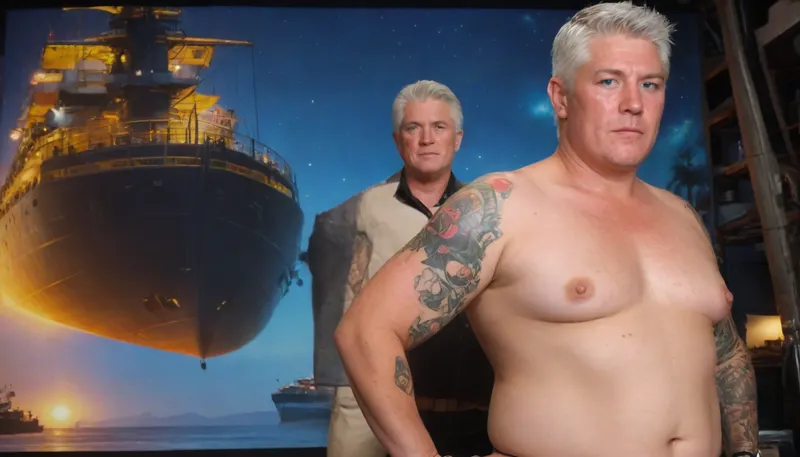 Wide view of a sci-fi landscape with futuristic big Spaceships in blue Sky, Platform with lots flying spaceships in Yellow Sky, (Cyberpunk:1.5), SSBBW fat obese 40+ housewife, Take off work clothes in front of Spaceship in Zero-Gravity, (full yakuza tattoo Body is illuminated by the glow of ship drives:1.9), (detailed nice friendly realistic Face with seductive look to camera, lustful moans, freckles on face, grey haired:1.9), Nice obese Pornstar, big super huge breasts, sagging tits, Big Nipples, Big Pussy, Big Labia, obese legs