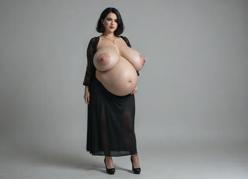 pregnant mature goth woman, huge heavy breasts, huge areolas, huge puffy nipples, full body image