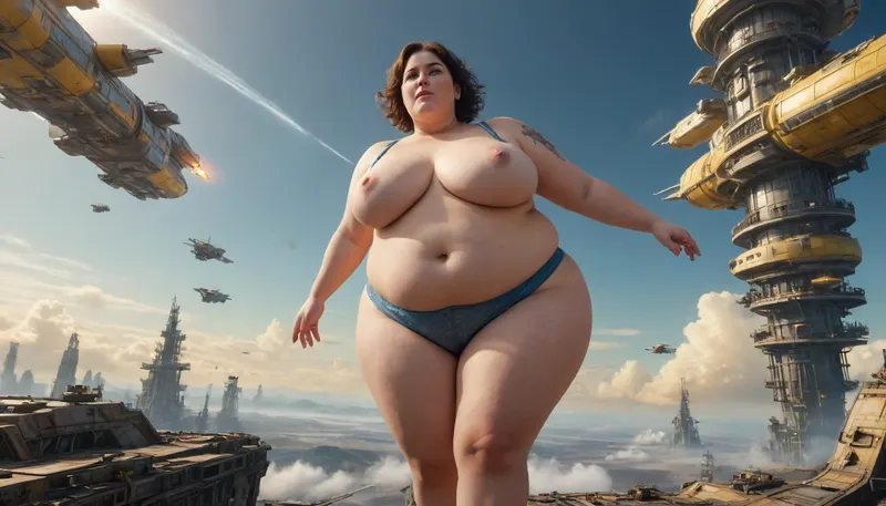 Wide view of a sci-fi landscape with futuristic big Spaceships in blue Sky, weightlessness, Zero-Gravity, with lots flying spaceships in Yellow Sky, (Cyberpunk:.2), a fat obese 40+ housewife, overweight, SSBBW, Take off work clothes at Spaceship in Zero-Gravity, her nice Body is illuminated by the glow of ship drives, (detailed nice friendly realistic Face with seductive look to camera, lustful moans, freckles on fatty face, dark-grey haired), Nice obese Fat Women, big super huge breasts, hanging out, Big Nipples, Big Pussy, obese spread legs