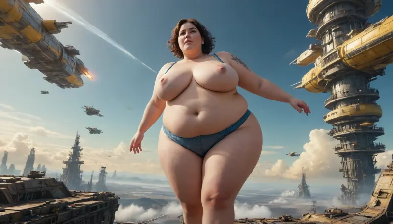 Wide view of a sci-fi landscape with futuristic big Spaceships in blue Sky, weightlessness, Zero-Gravity, with lots flying spaceships in Yellow Sky, (Cyberpunk:.2), a fat obese 40+ housewife, overweight, SSBBW, Take off work clothes at Spaceship in Zero-Gravity, her nice Body is illuminated by the glow of ship drives, (detailed nice friendly realistic Face with seductive look to camera, lustful moans, freckles on fatty face, dark-grey haired), Nice obese Fat Women, big super huge breasts, hanging out, Big Nipples, Big Pussy, obese spread legs
