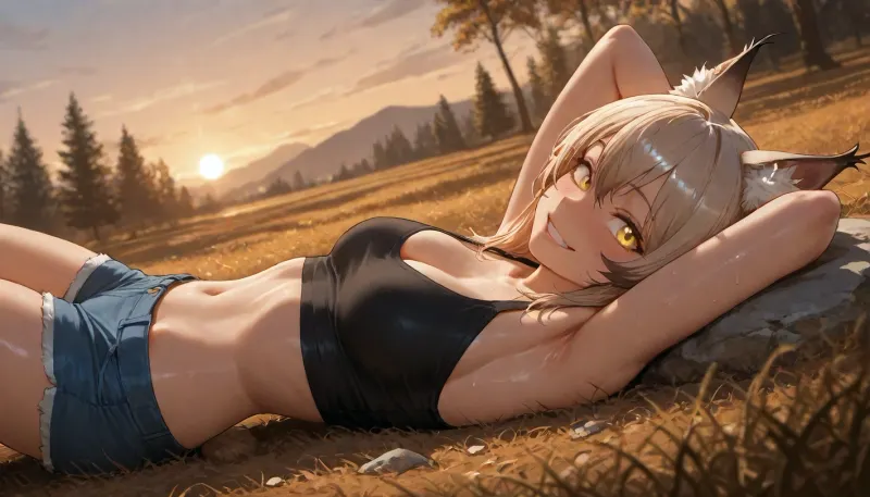 (solo:1.2), sunset, lynx-girl, warm colors, lynx ears, lynx-tail, (very-loose top), (black crop top), blue jeans shorts, trees, grass, lying on big stone, athletic body, sixpack, (muscles:.9), low rise shorts, sparkling eyes, glowing eyes, grin, yellow eyes, looking at viewer, (slim body), hands behind head, lipstick, blushing, shiny skin, excited, sweating, cleavage, small boobs, (side view)