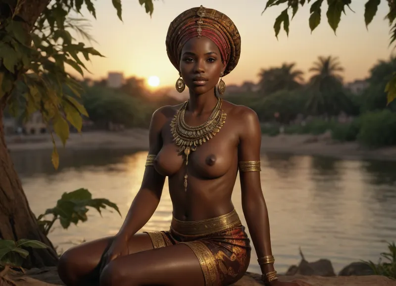 In an exquisitely detailed, photorealistic Nubian setting, under a golden, setting sun, full body view of, (a sitting elegant African woman masturbating:1.4), by the banks of the Nile, perfect face, (dark skinned:1.3), (perfect rendered vagina:1.1), hided and surrounded by lush, vibrant vegetation and intricate, ancient architecture. She is dressed in flowing, traditional Nubian attire, adorned with beautiful, intricate jewelry, her posture confident and graceful. As she gently touches herself, her eyes meet the viewer’s with a captivating, alluring gaze, hinting at mystery and strength. The atmosphere is filled with the gentle rustling of leaves and the soft flow of the river, creating an enchanting, immersive ambiance. Every detail, from the texture of her clothing to the patterns of the surroundings, is rendered with stunning realism, capturing the timeless beauty and strength of this Nubian woman, <lora:detailed_notrigger:.8>