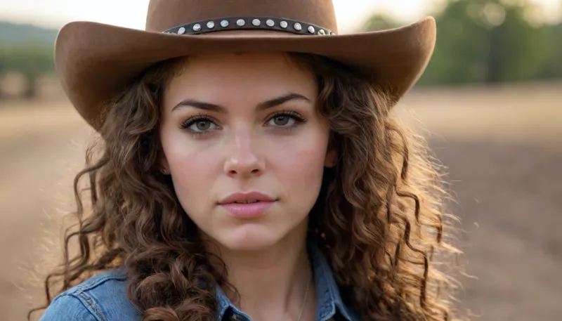 cowgirl, country girl, long, curly hair, shaved, pussy, beautiful face, piercings