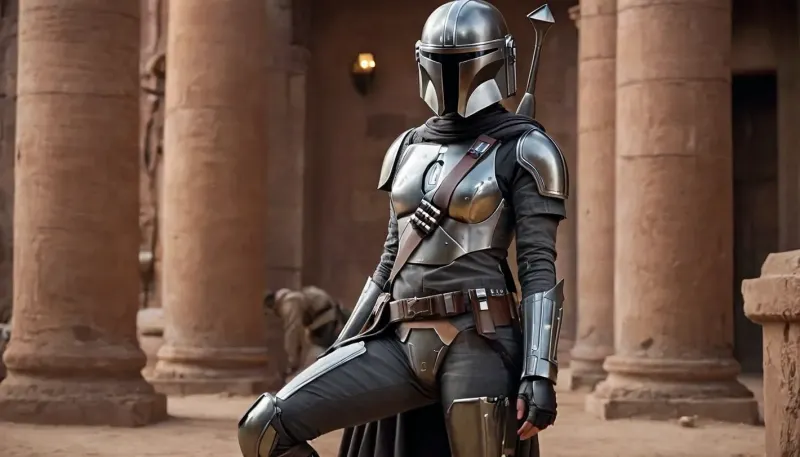 Uber realistic, 8k, ultra detailed, masterpiece, Star wars female, mandalorian, hair with a long braid, grey armor, black belt, black boots, grey mandalorian helmet, full Body Photo in sci fi setting, Future, Star wars, pussy, exposed, (pussy in view), (exposed pussy), (show pussy), bottomless, nude